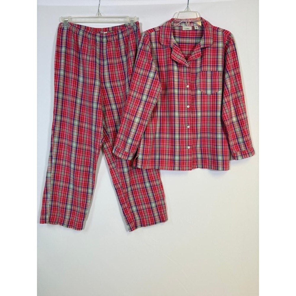 LL Bean Womens M Red Plaid Flannel Pajama Set Button Top
